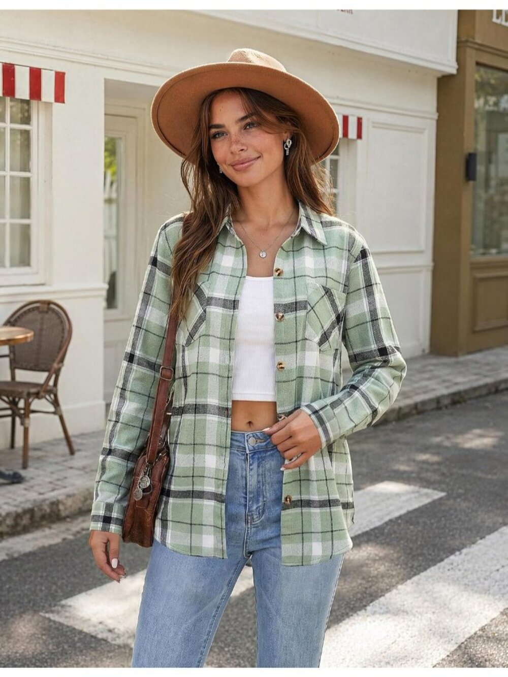 Women's Green Plaid Long Sleeve Button Down Imported Tops Work Blouse - Picture 2 of 5